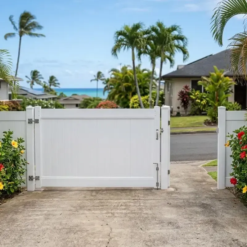 Vinyl driveway gate in Oahu Hawaii resisting salt air and moisture in coastal residential property
