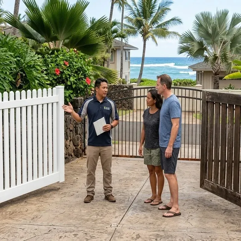 Vinyl gate installation for homes in Oahu Hawaii designed to resist salt air moisture and sun exposure