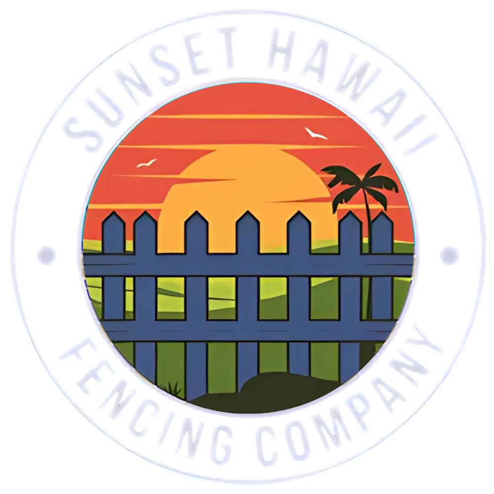 Logo for Sunset Hawaii Fencing Company, featuring a sunset over a blue fence, with a palm tree.
