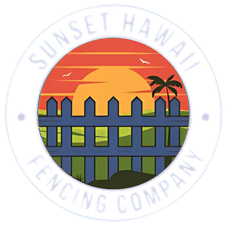 Logo for Sunset Hawaii Fencing Company, featuring a sunset over a blue fence, with a palm tree.