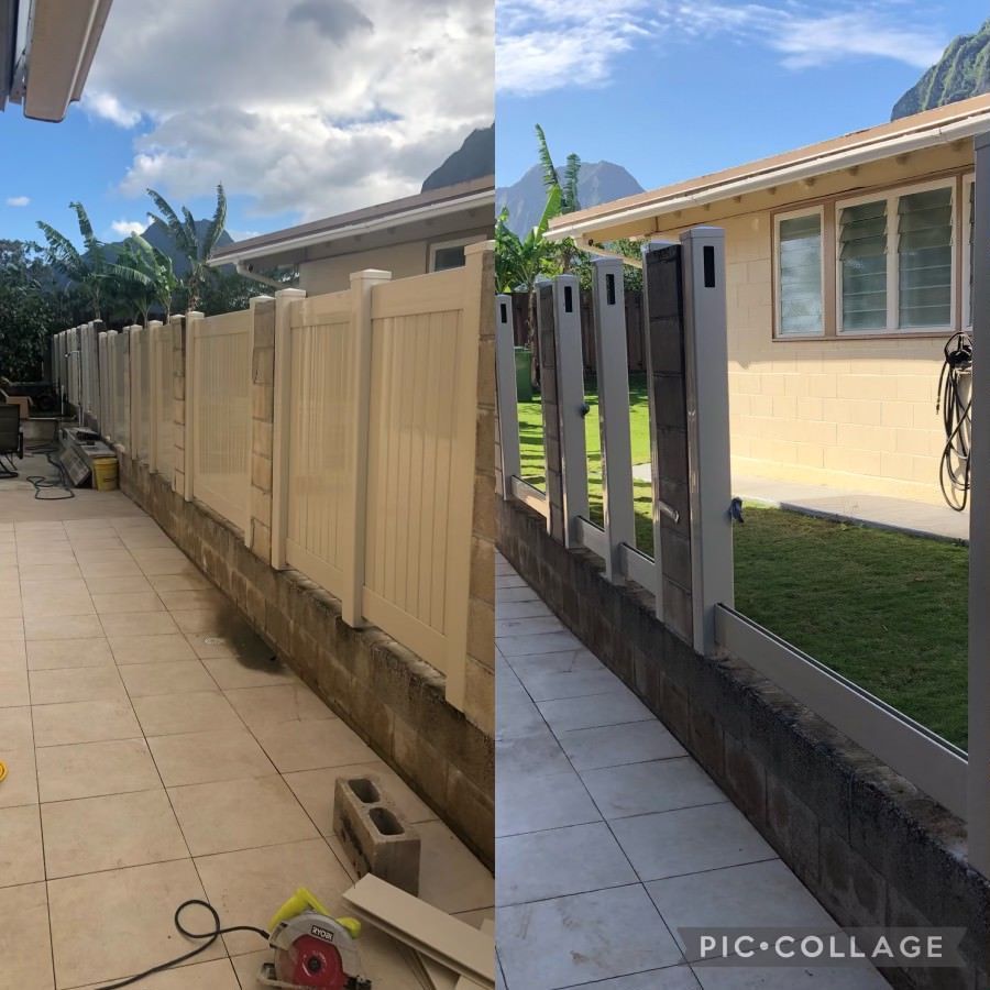 Before and after of a yard fence. White fence on left, posts on right, both against a wall and grass.