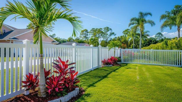 white picket fence green grass tropical backyard