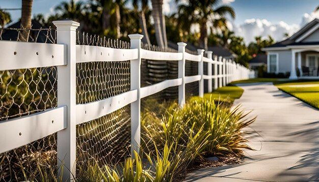 white plastic backyard fence damaged after hurricane winds florida aftermath natural disaster