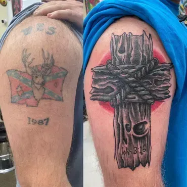 A before and after picture of a tattoo on a man 's arm.