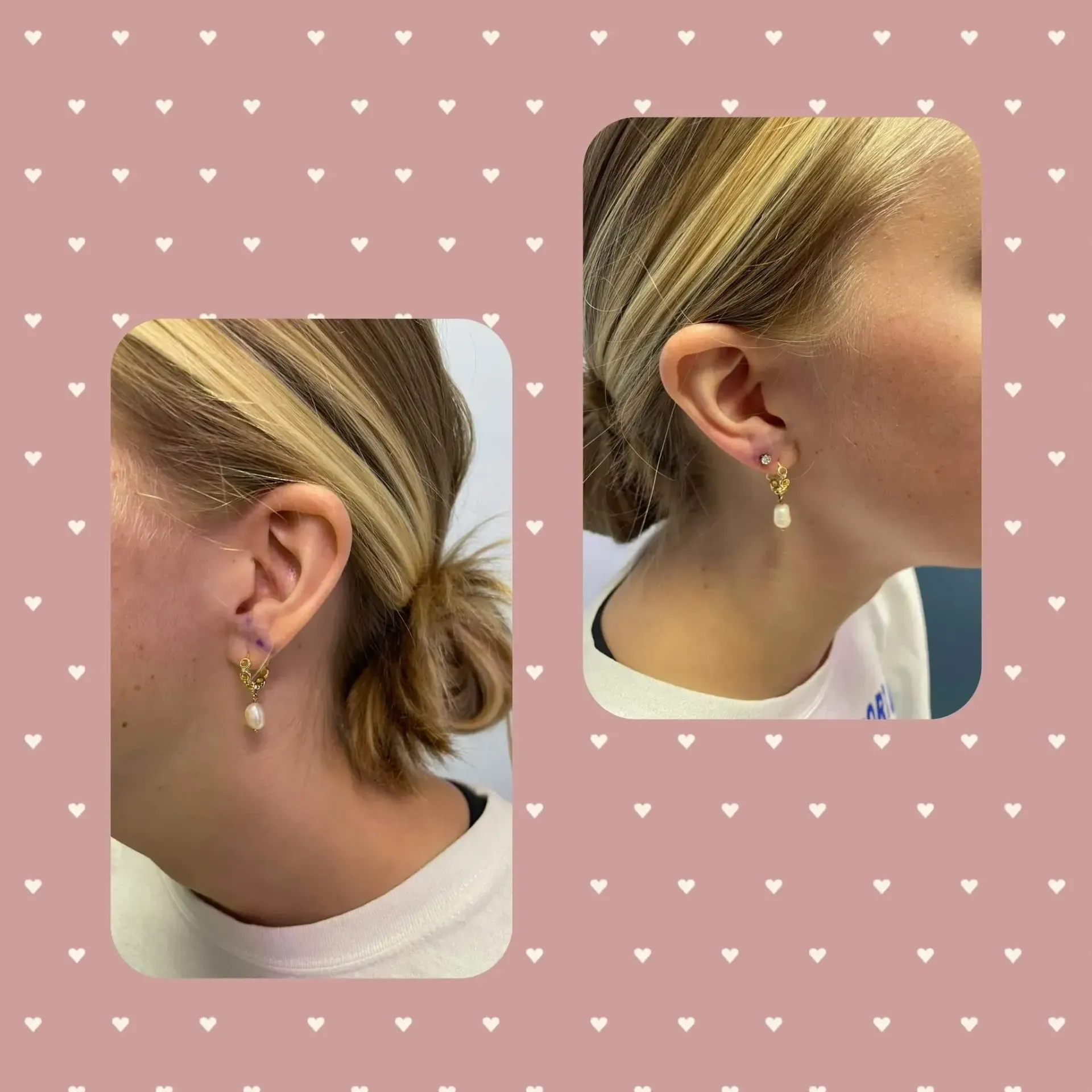 A woman 's ear with a bun and a pair of earrings