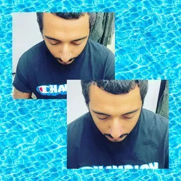 Two pictures of a man wearing a champion shirt