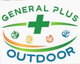 A logo for General Plus Outdoor featuring a green cross and four small icons representing nature in an arc over blue text.