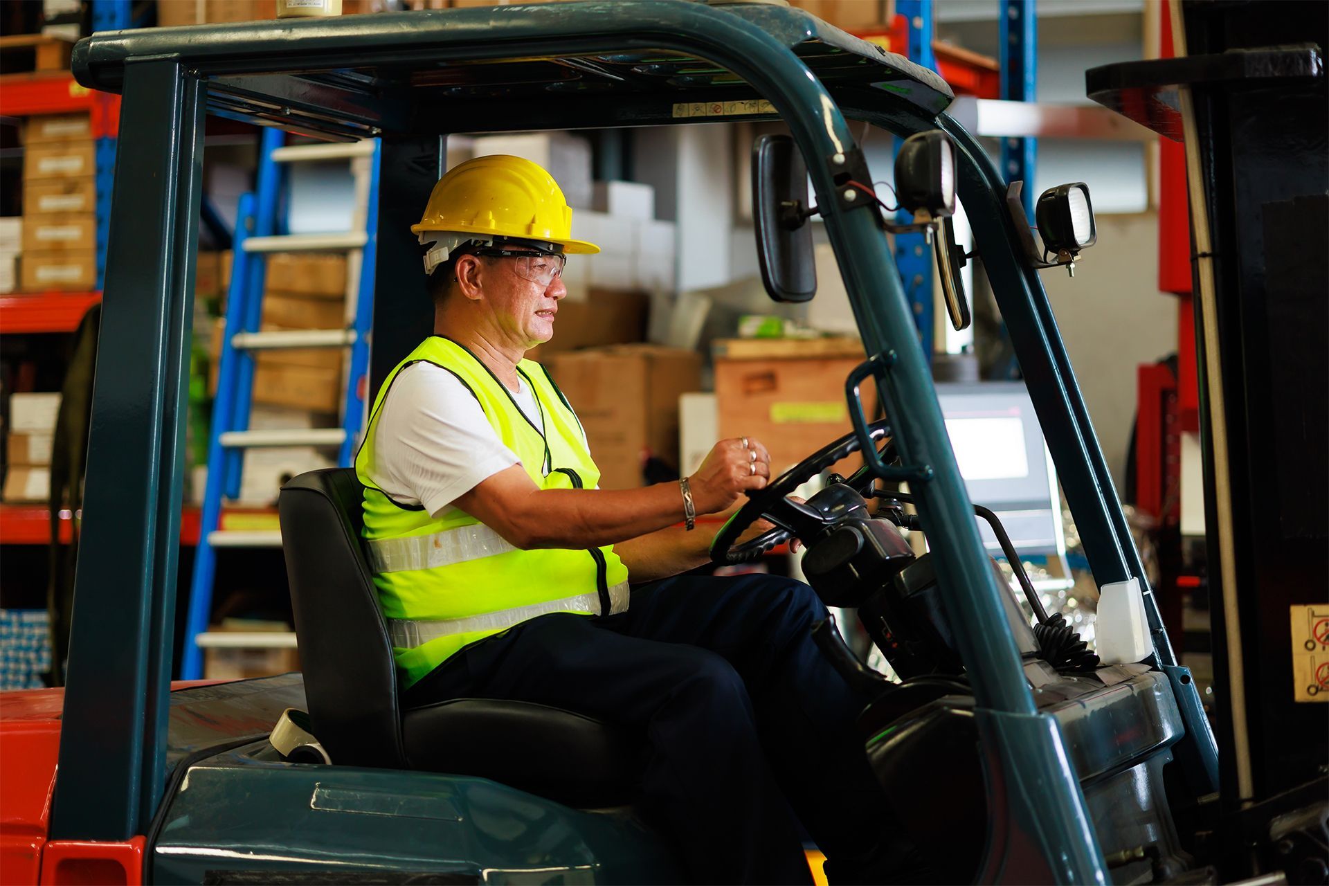 Driving a Forklift in Warehouse