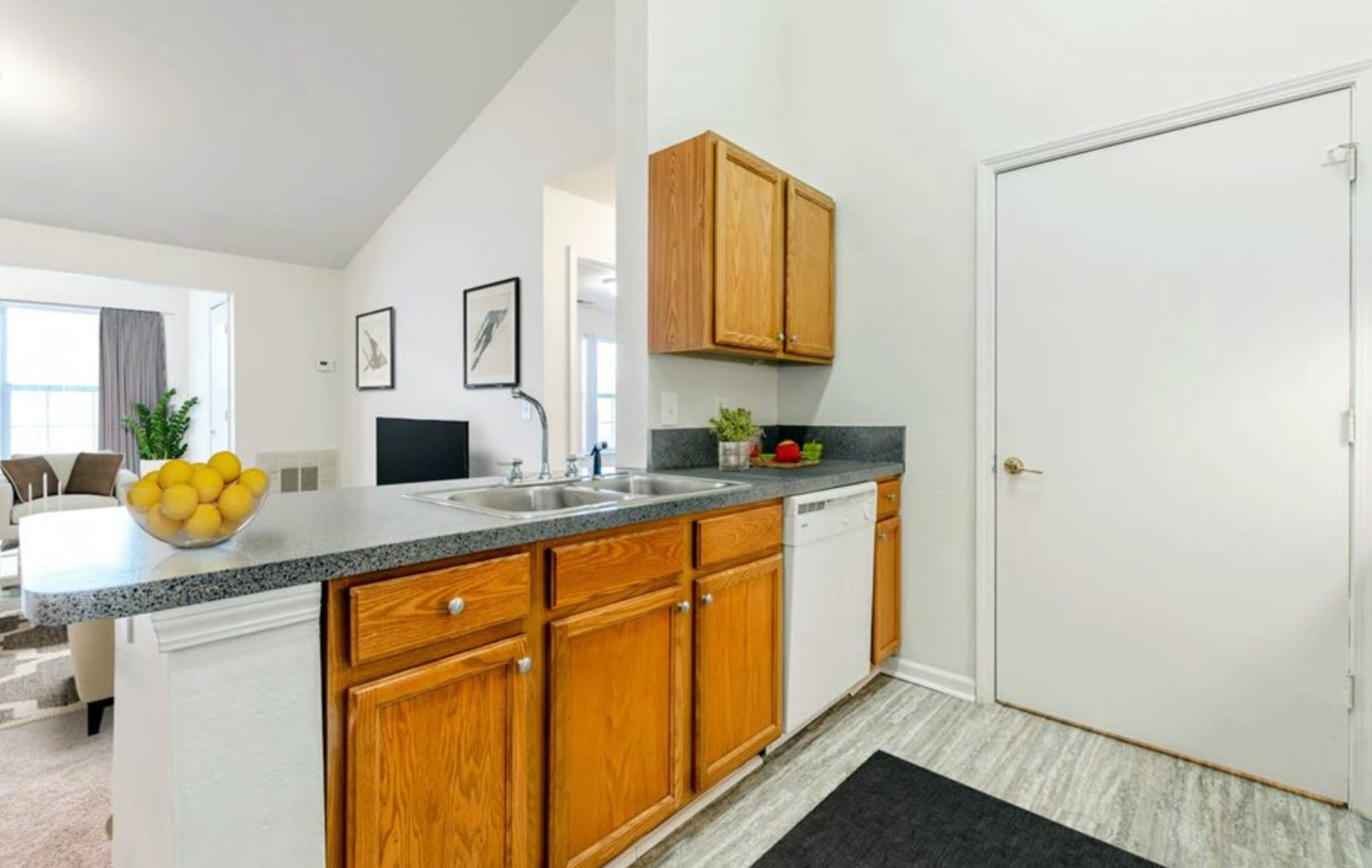 There is a bowl of lemons on the counter in the kitchen.