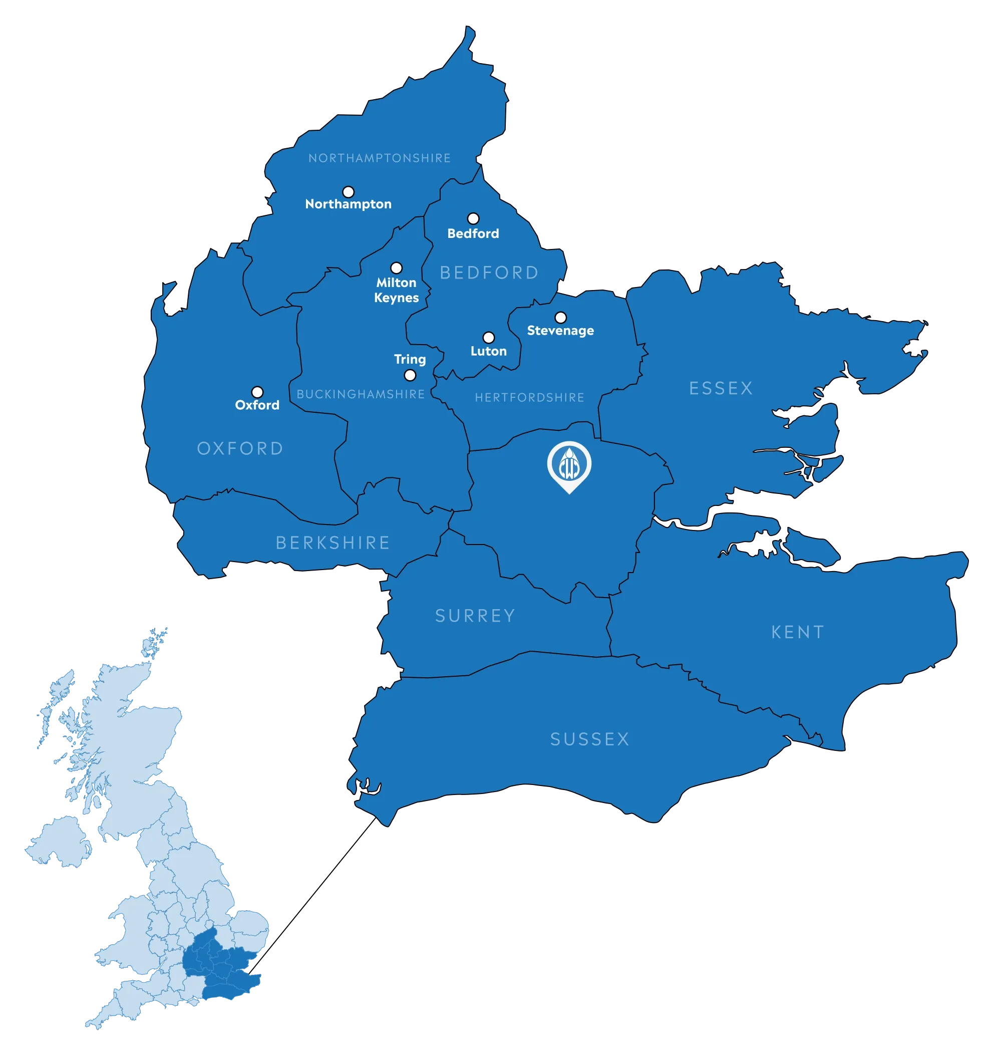 A blue map service area covered