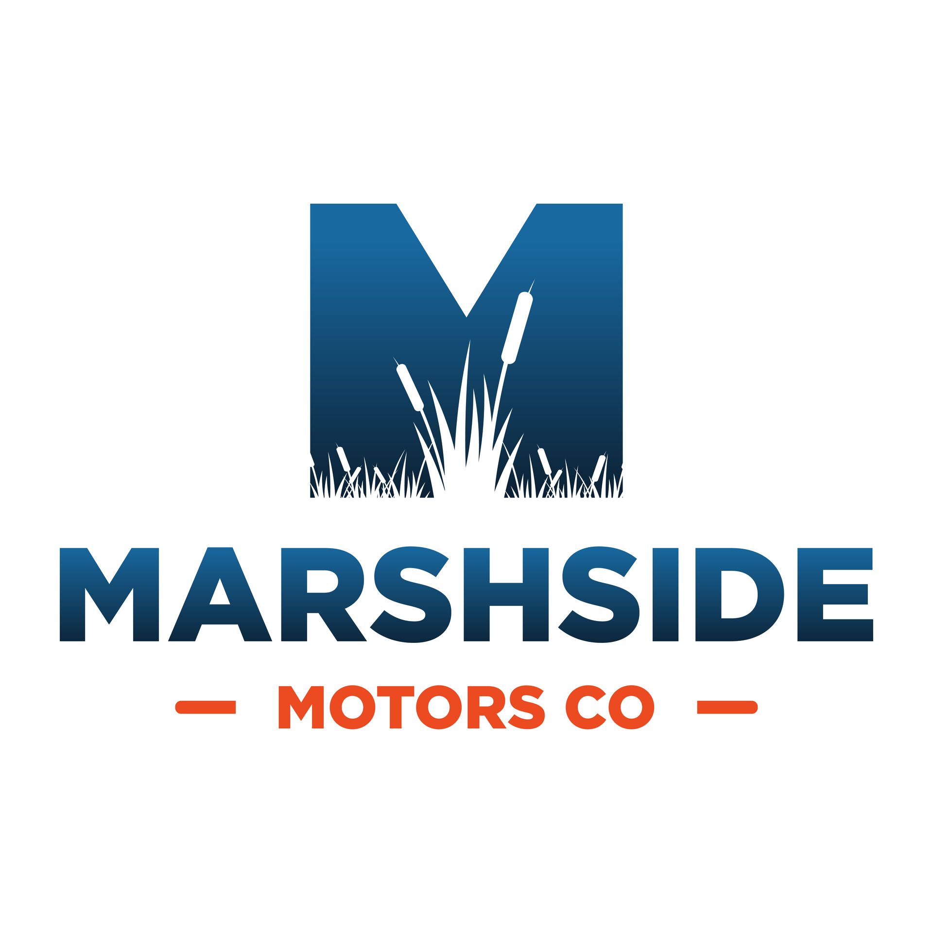 The logo for marshside motors co. is a blue letter m with grass coming out of it.