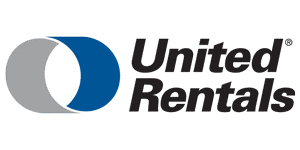 The logo for united rentals is blue and gray.