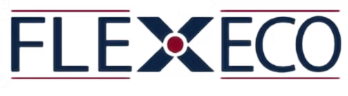 Le logo de flexeco est bleu et rouge avec un cercle rouge au milieu.