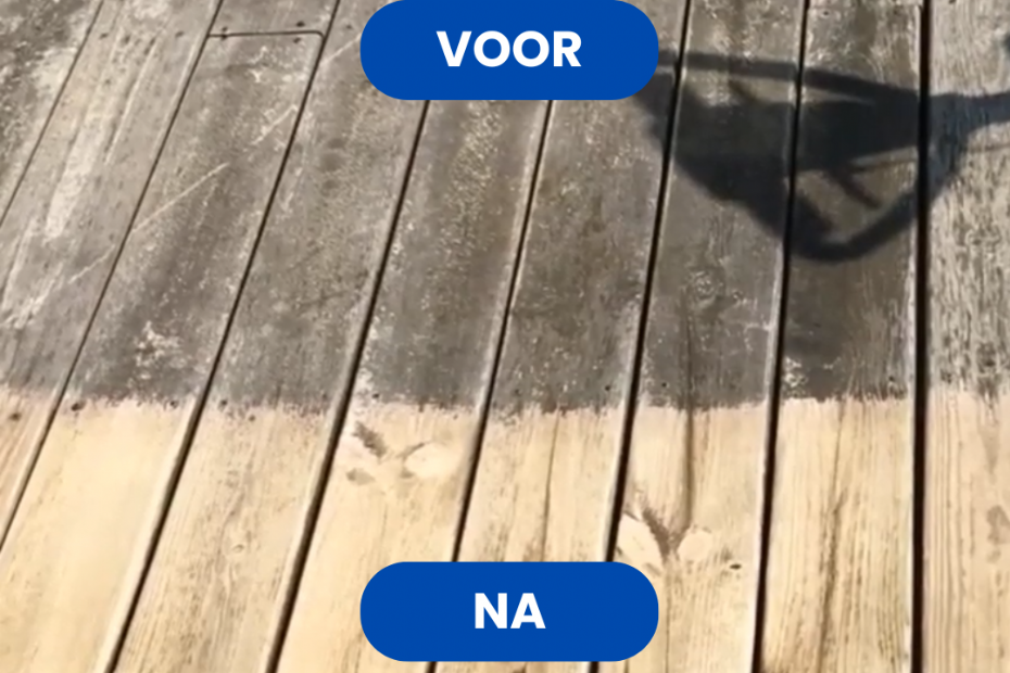 Before and after picture of a wooden terrace that is cleaned for a part.