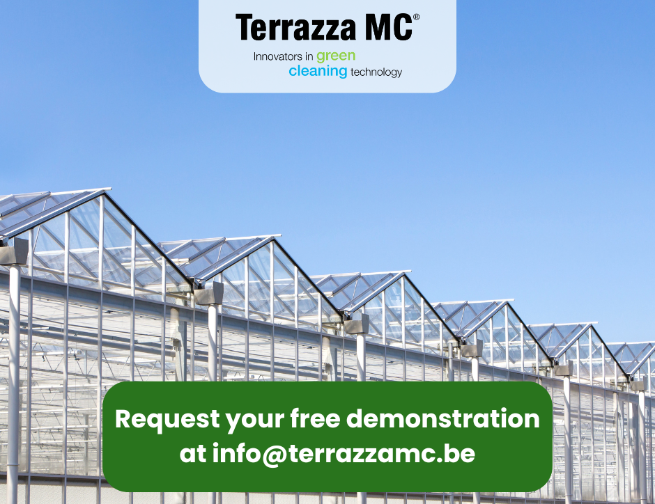 Picture of a greenhouse with a text to request a free demonstration.