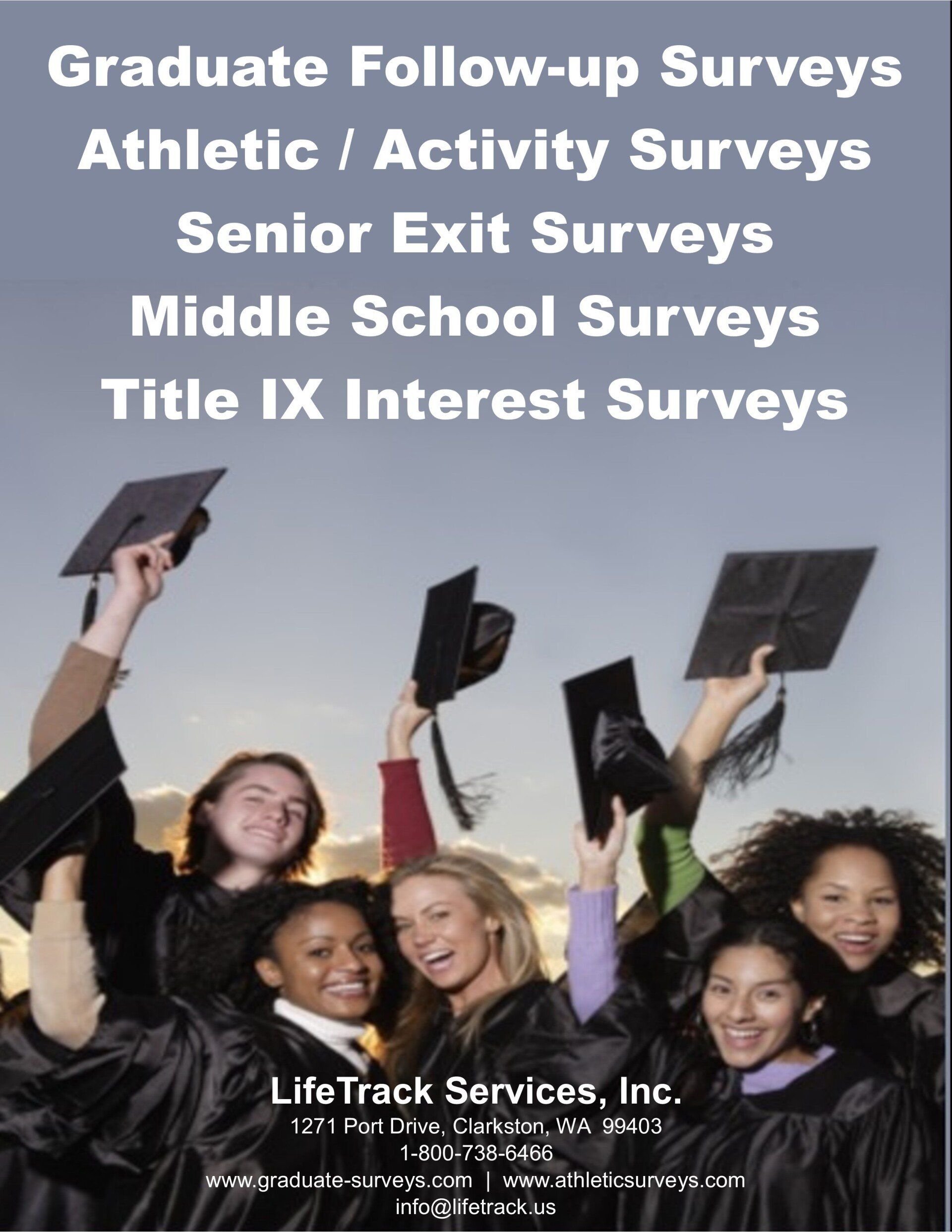 Graduation survey ad with students throwing caps, text overlaying list of surveys.