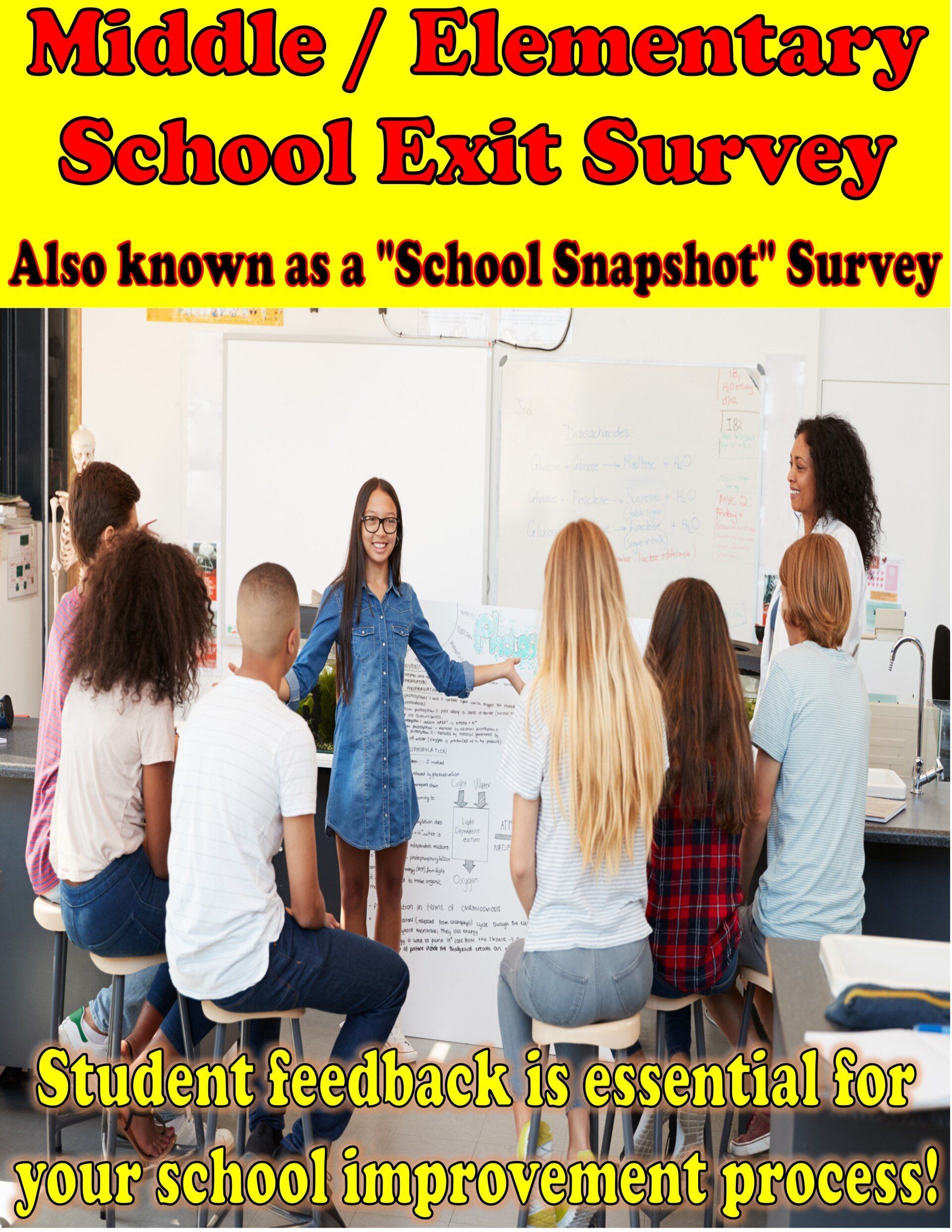 School exit survey graphic with students and teacher