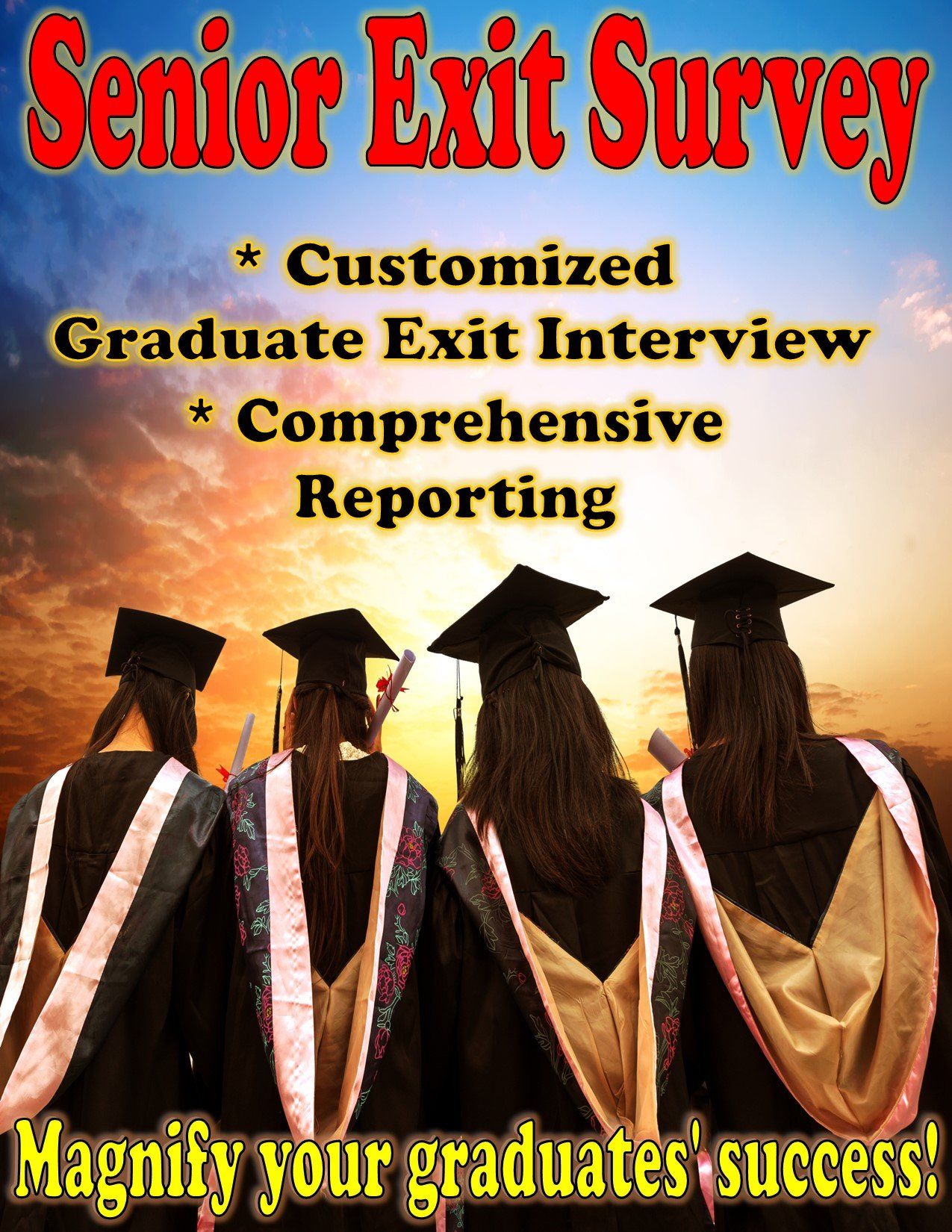 Advertisement for a senior exit survey: graduation gowns in front of a sunset