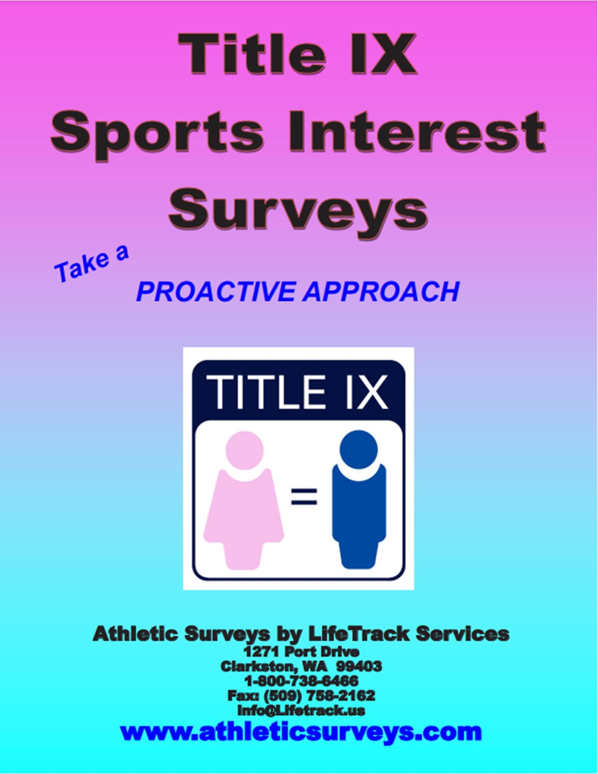 Poster for Title IX sports interest surveys with equal sign between gender symbols; LifeTrack Services contact info.