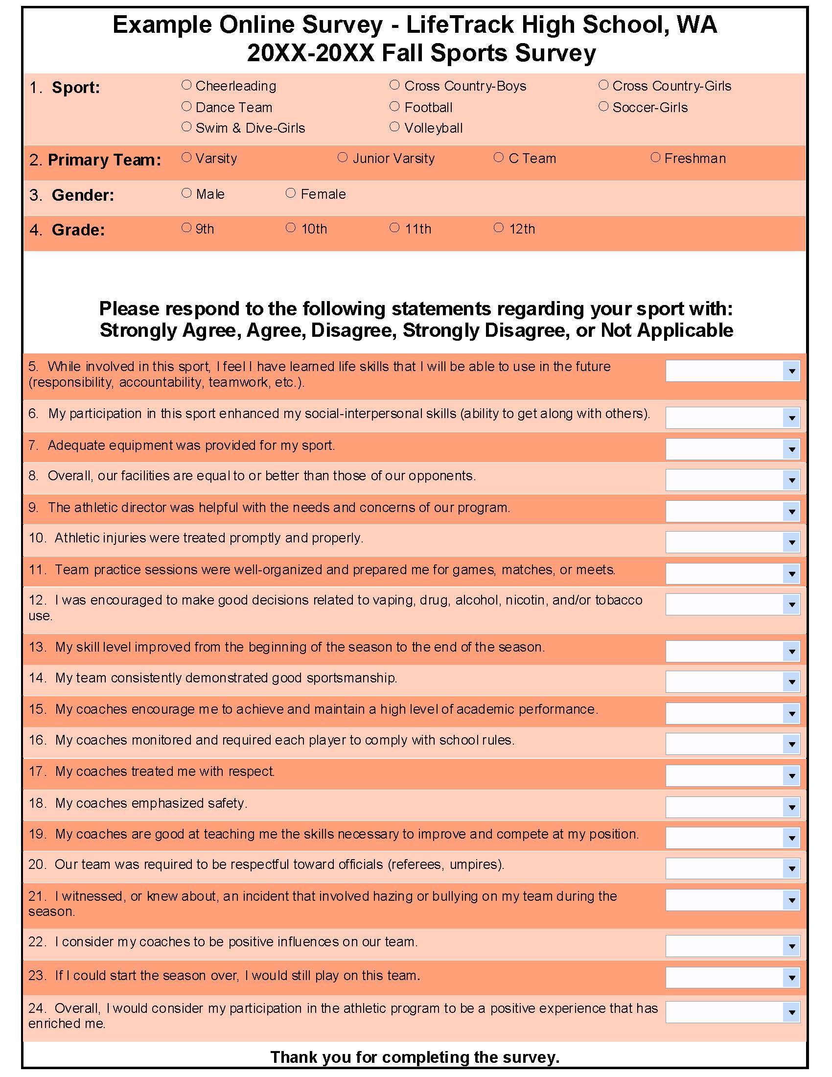 Online survey: Fall Sports Survey at a high school, with questions on satisfaction and agreement.