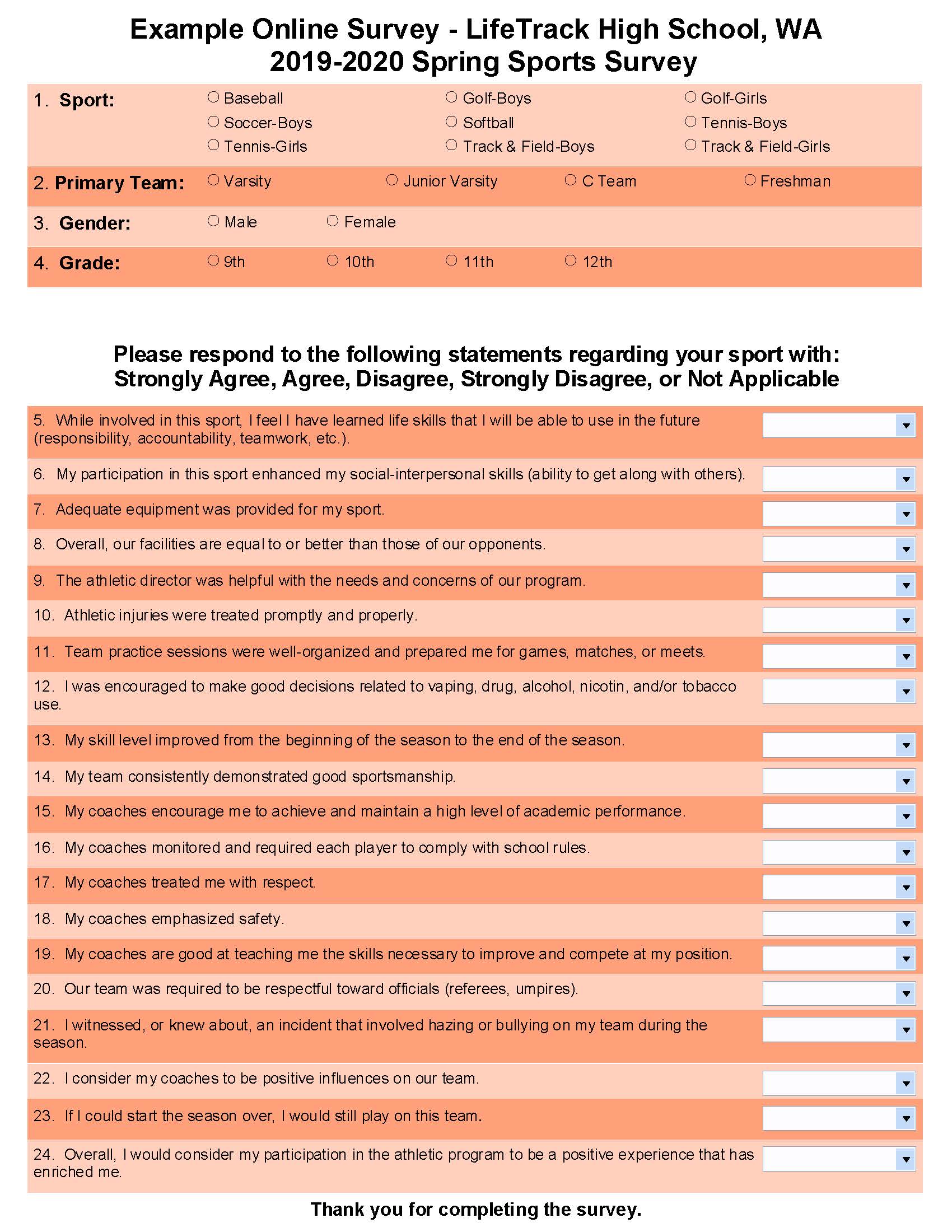 Online survey from LifeTrack High School regarding spring sports, with questions and answer options.