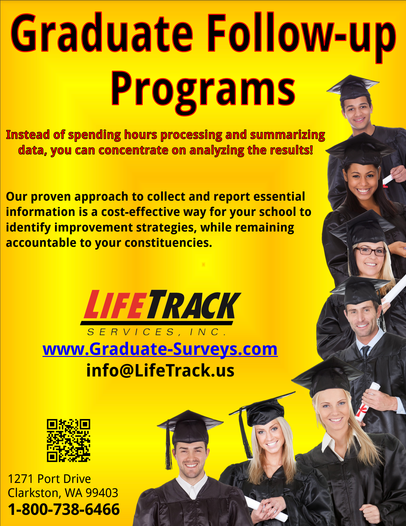 Advertisement for Graduate Follow-up Programs with graduates in caps, logo, and contact info.