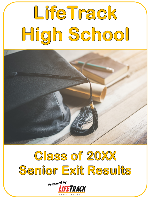 LifeTrack High School Senior Exit Survey sign, yellow and red colors. Includes address, phone number.