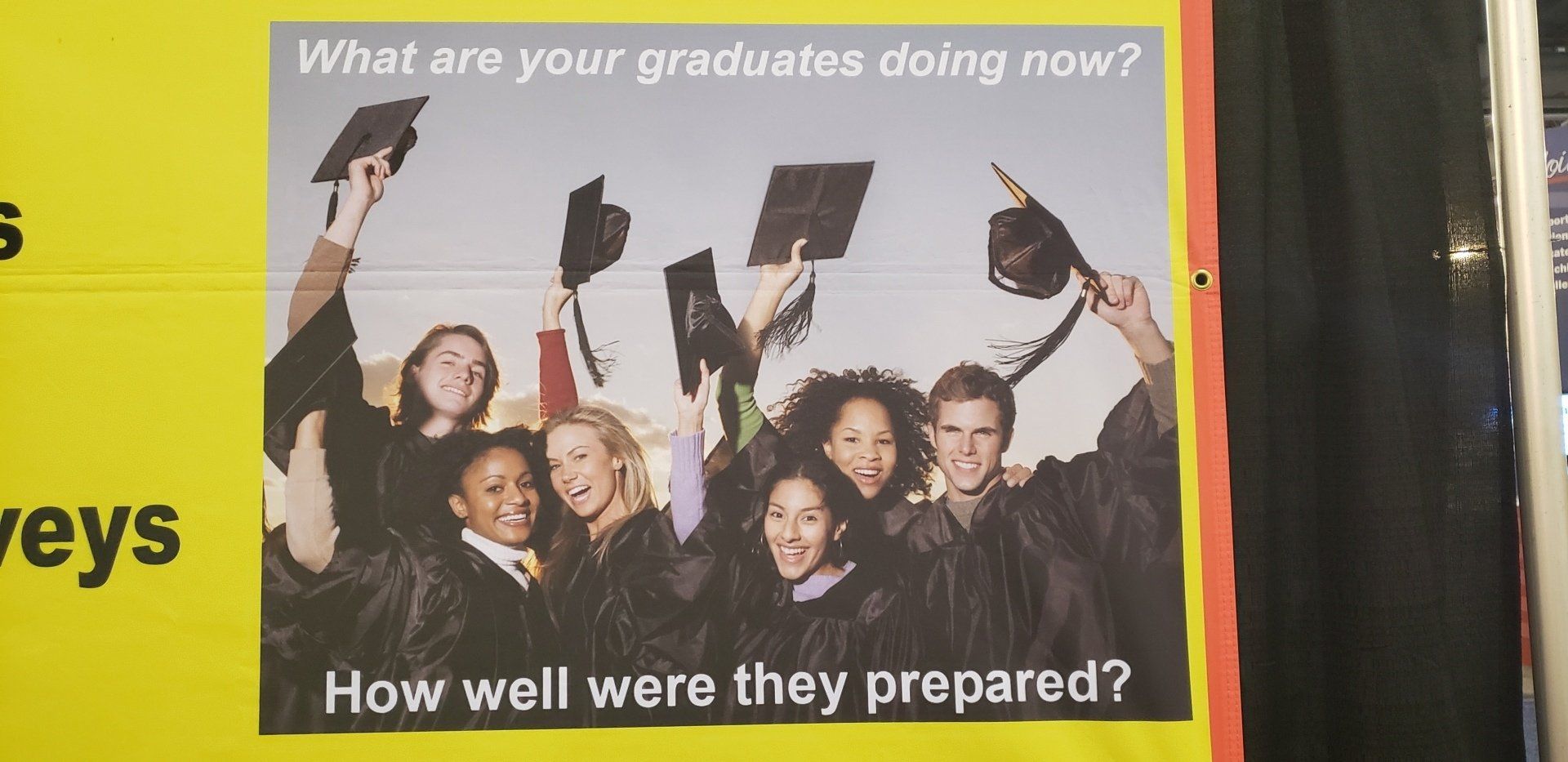 A poster with graduates in robes holding up caps, asking