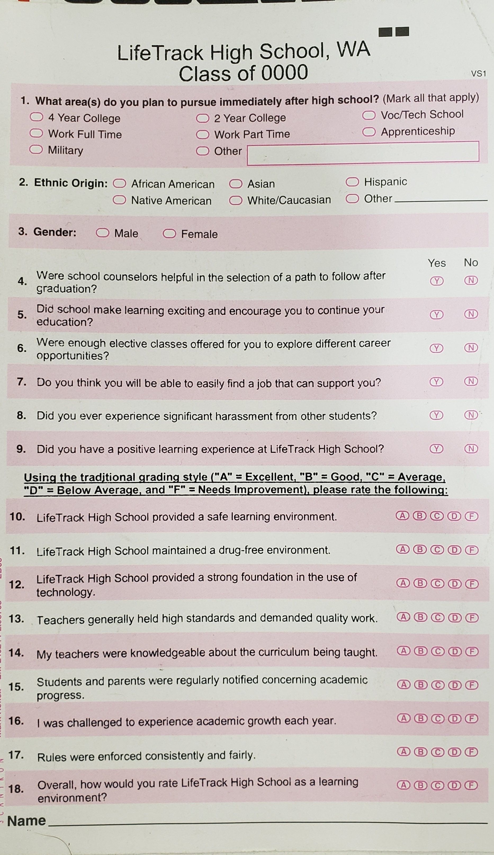 Form from LifeTrack High School, Class of 2020, with multiple-choice questions in pink boxes.