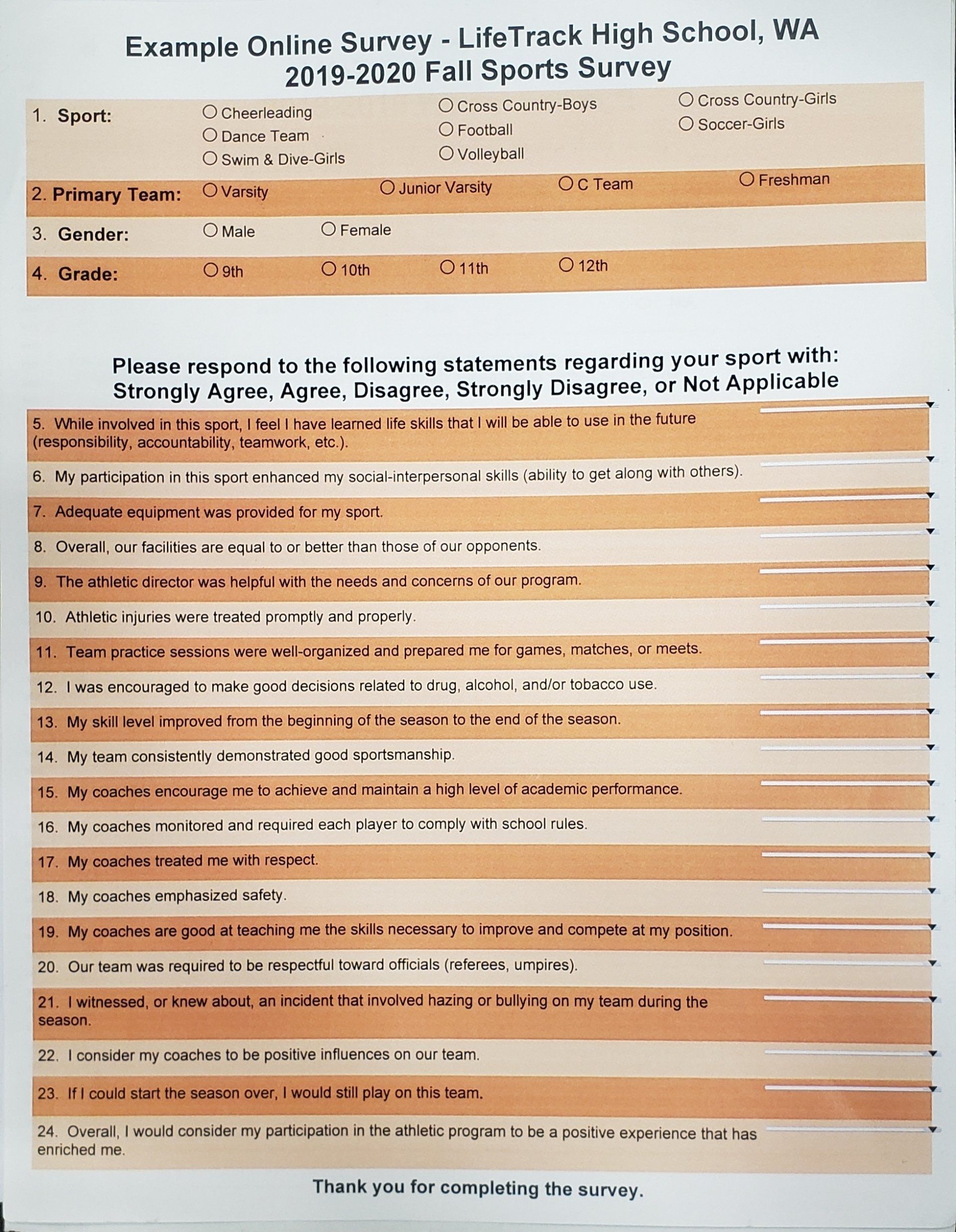 Online survey for LNC/Trek High School, 2019-2020 Fall Sports Survey. Includes a table and several questions.