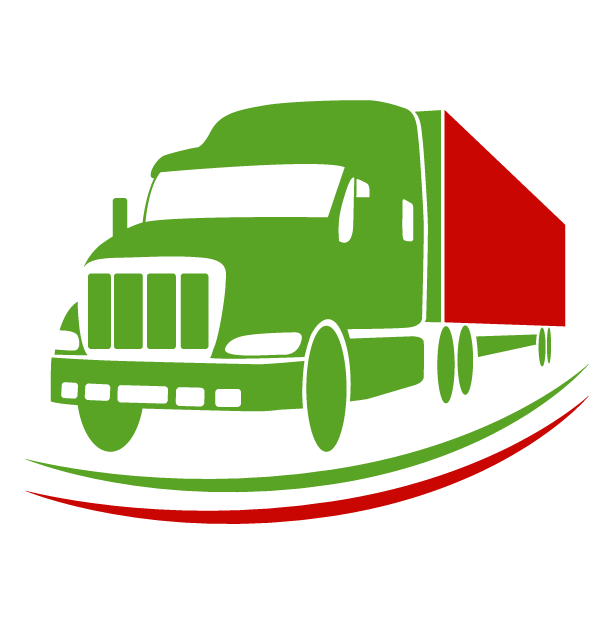 Un semirimorchio verde con un rimorchio rosso sta percorrendo una strada.