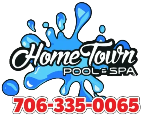 A logo for hometown pool and spa with a phone number