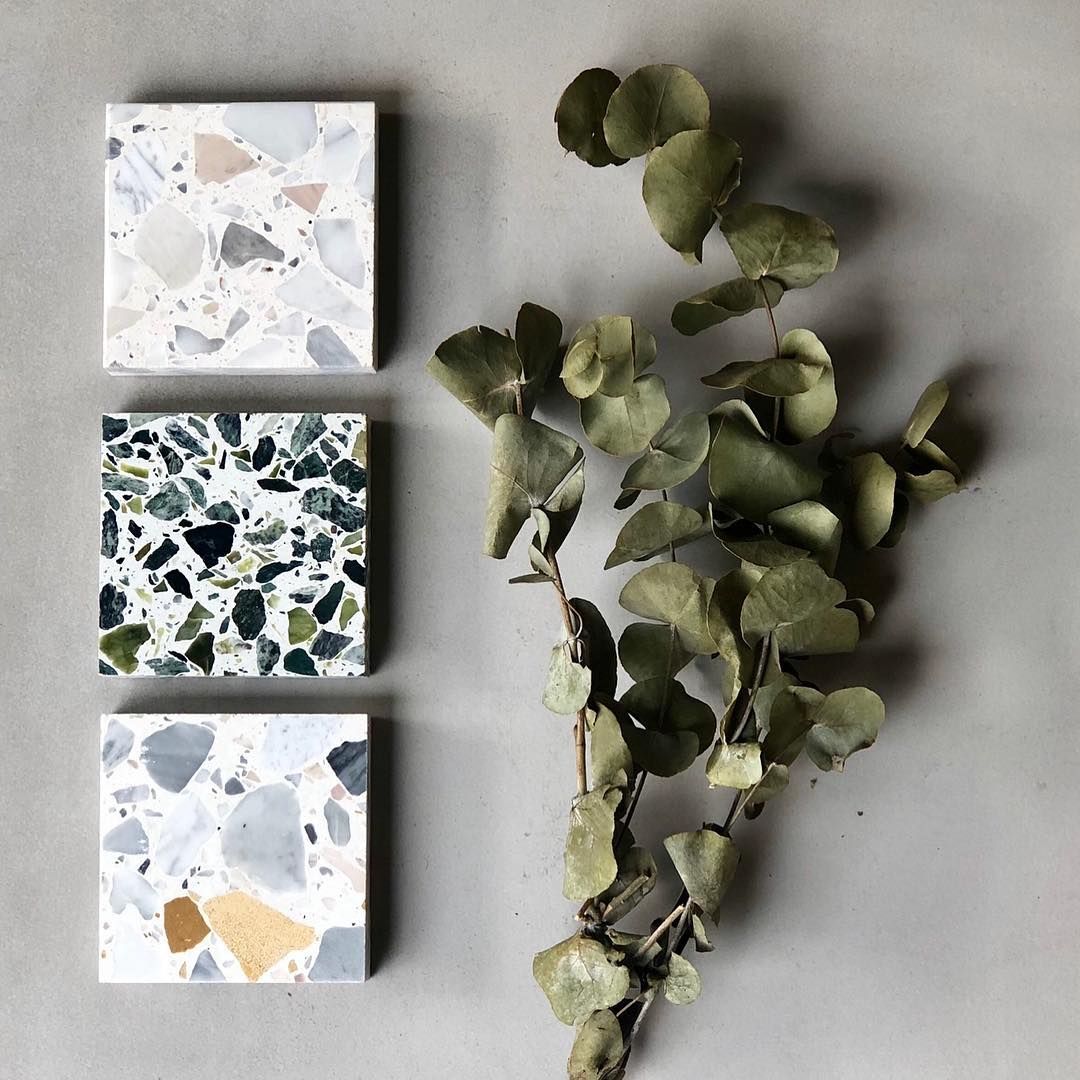 Three Tiles Are Sitting on a Table Next to a Plant — Dean Gray Tiling in Murwillumbah, NSW