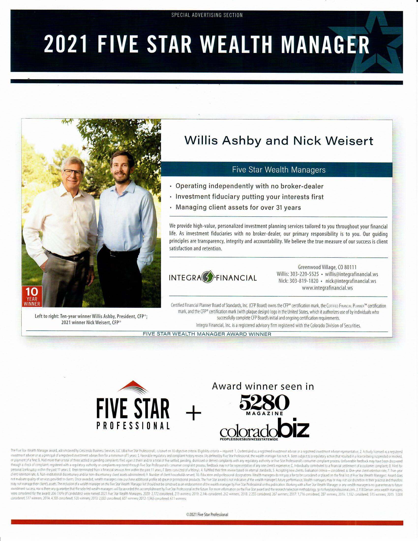 2021 Five Star Wealth Manager — Greenwood Village, CO — Integra Financial Inc