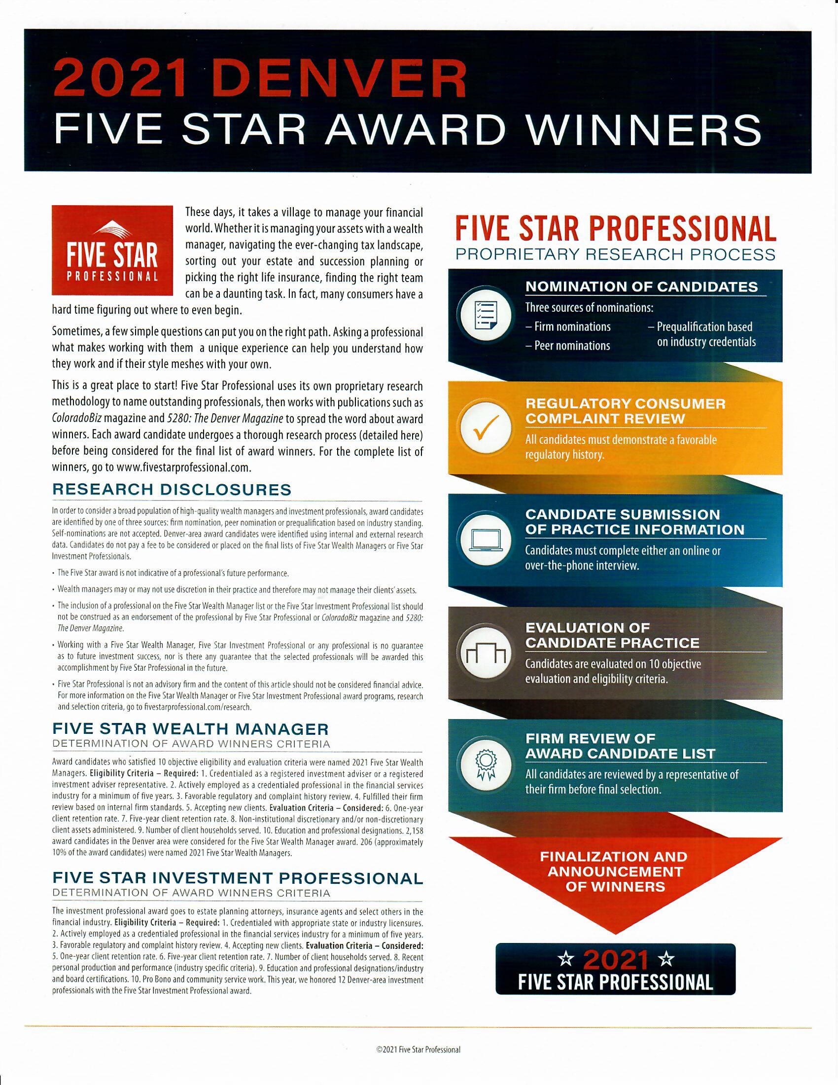 2021 Five Star Award Winners — Greenwood Village, CO — Integra Financial Inc