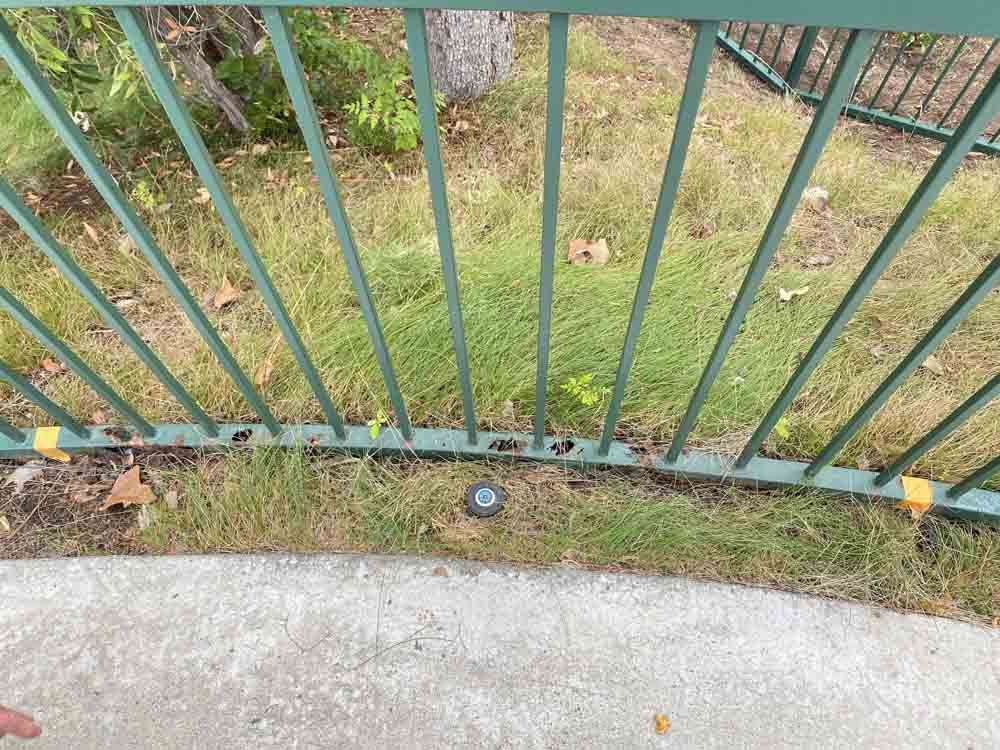 Green metal fence bordering concrete path and grass. A small, black ground light is visible.