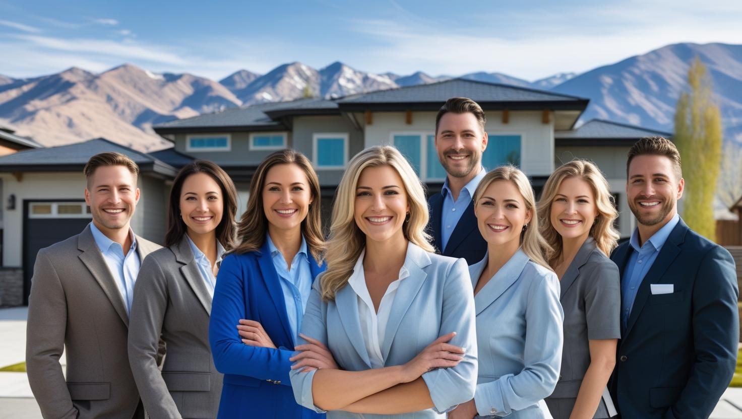 Group of professional Salt Lake City real estate agents standing in front of modern homes 