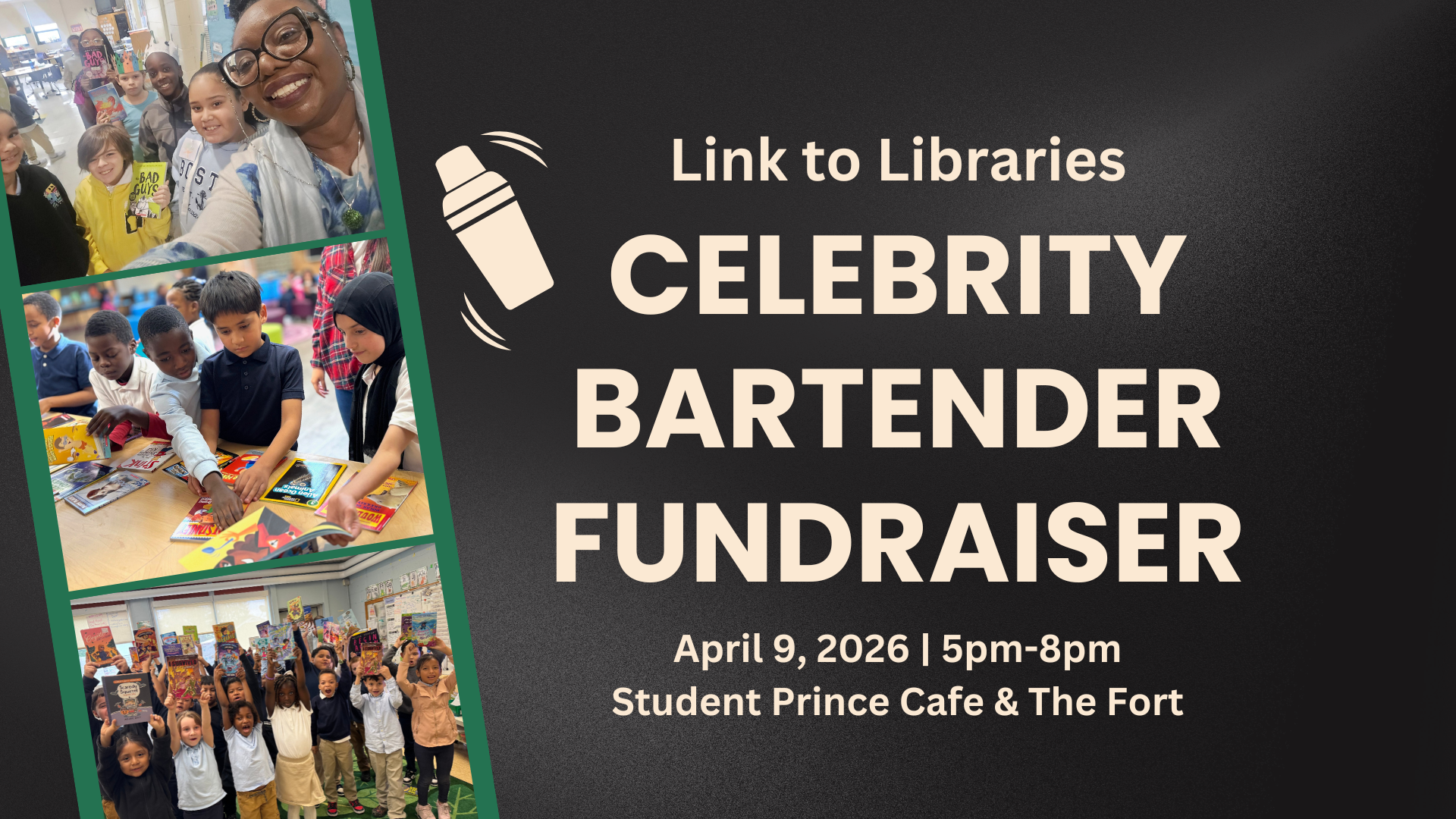 A sign that says link to libraries celebrity bartender fundraiser