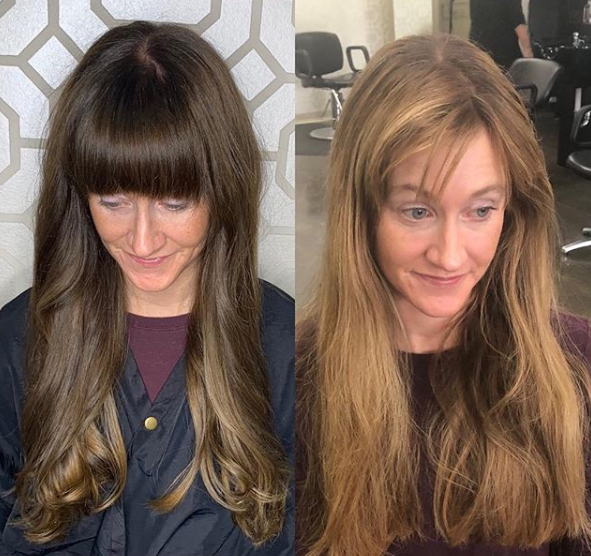 A before and after photo of a woman 's hair