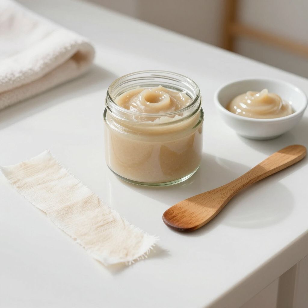 Jar of light brown ointment, small bowl of ointment, wooden spoon, and cloth on white surface.