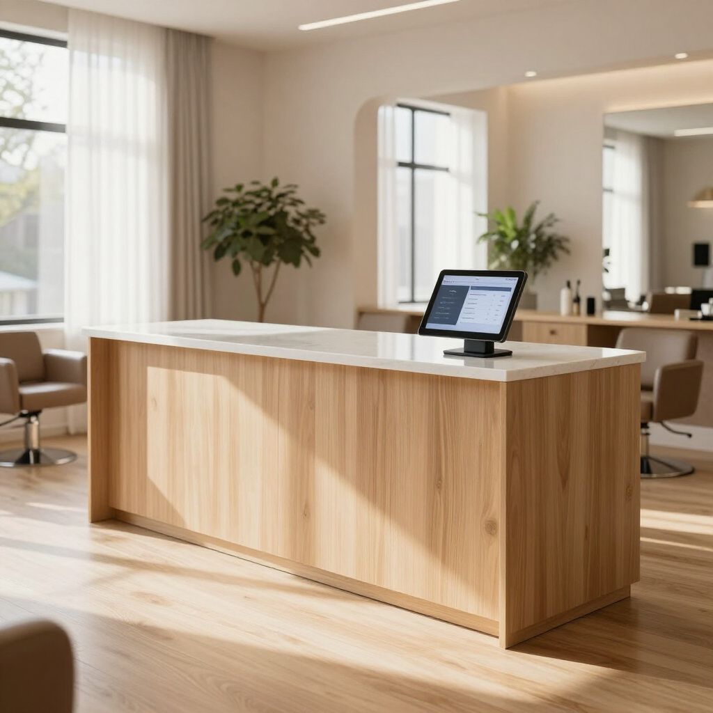 Reception desk in a bright salon, with a point-of-sale system, plants, and natural light.