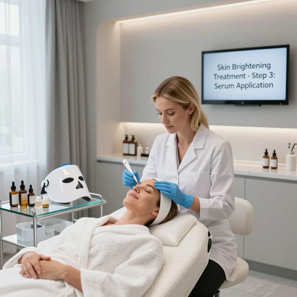 Cosmetician applying serum to a patient's face in a spa setting.