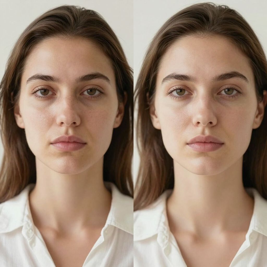 Two portraits: A woman with brown hair, soft skin, before and after makeup.