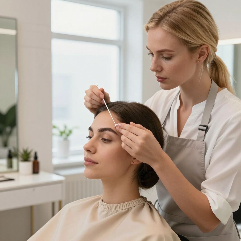 Woman having her eyebrow shape at a salon, another woman holding a string over her brow.