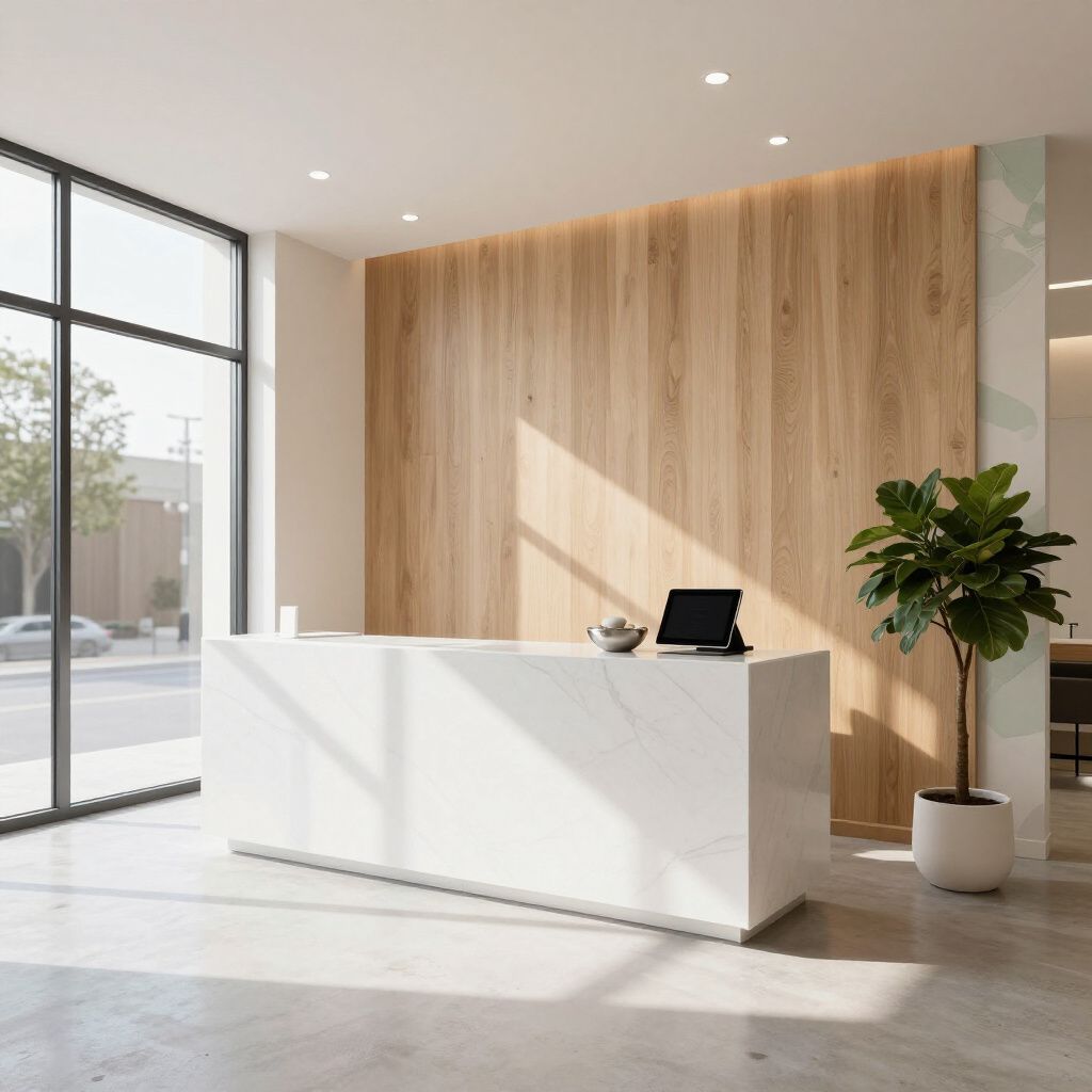 Reception area: white marble desk, wood-paneled wall, large window, potted plant. Bright, modern space.