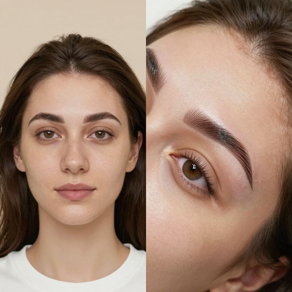 Comparison of a person's natural eyebrows (left) with microbladed eyebrows (right). Brown eyes and skin.