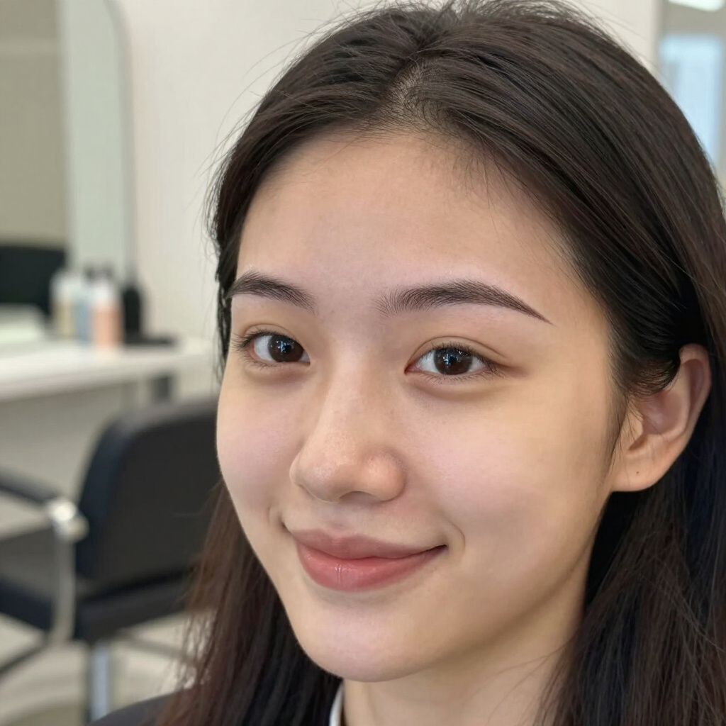 Smiling person with dark hair in a salon setting, looking towards the camera.