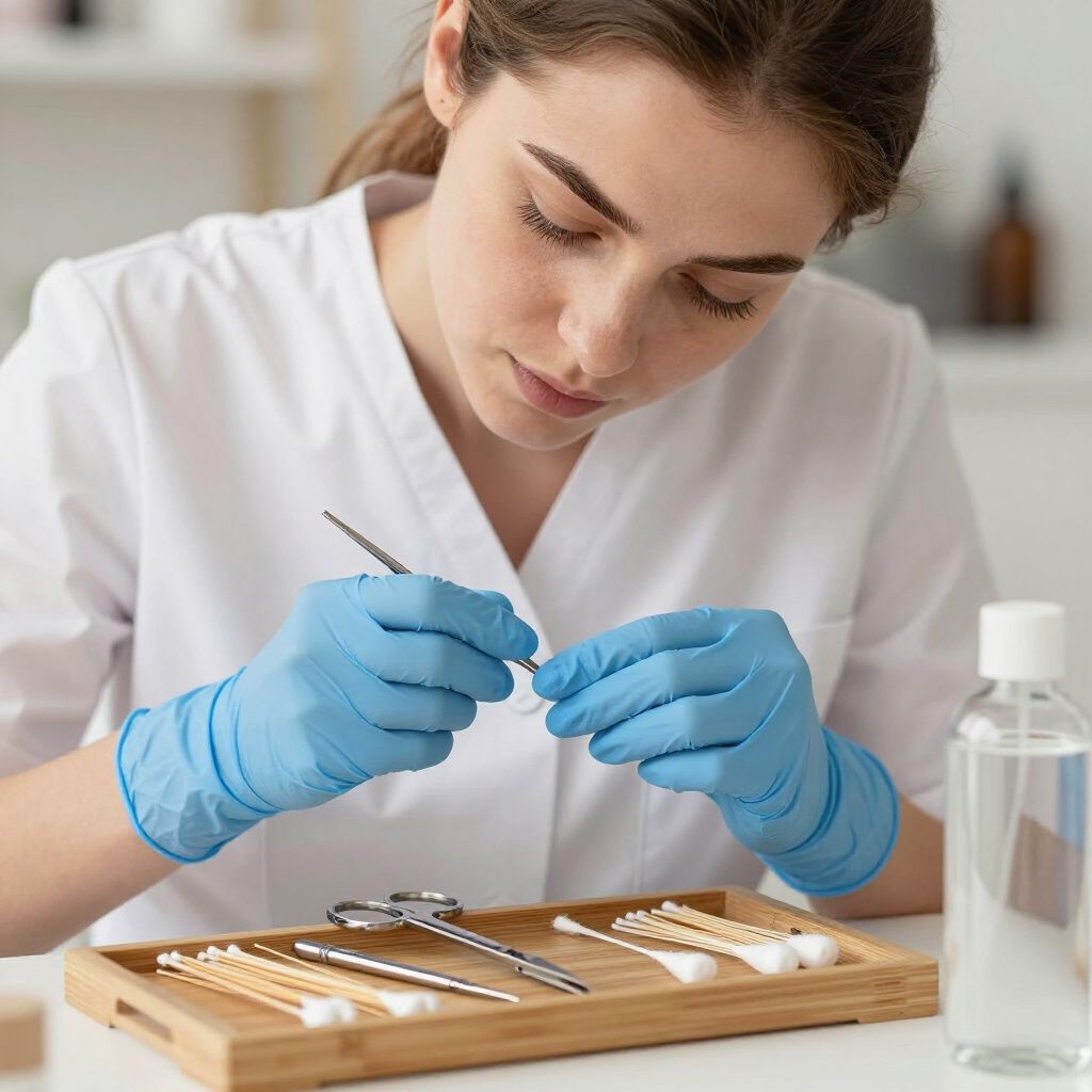 Woman in blue gloves, scrubs, using tools on small object in front of a tray of supplies.