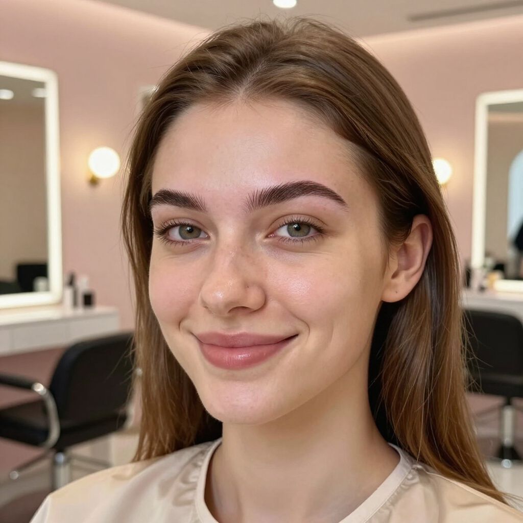 Woman with brown hair and freshly shaped eyebrows smiles in a beauty salon.