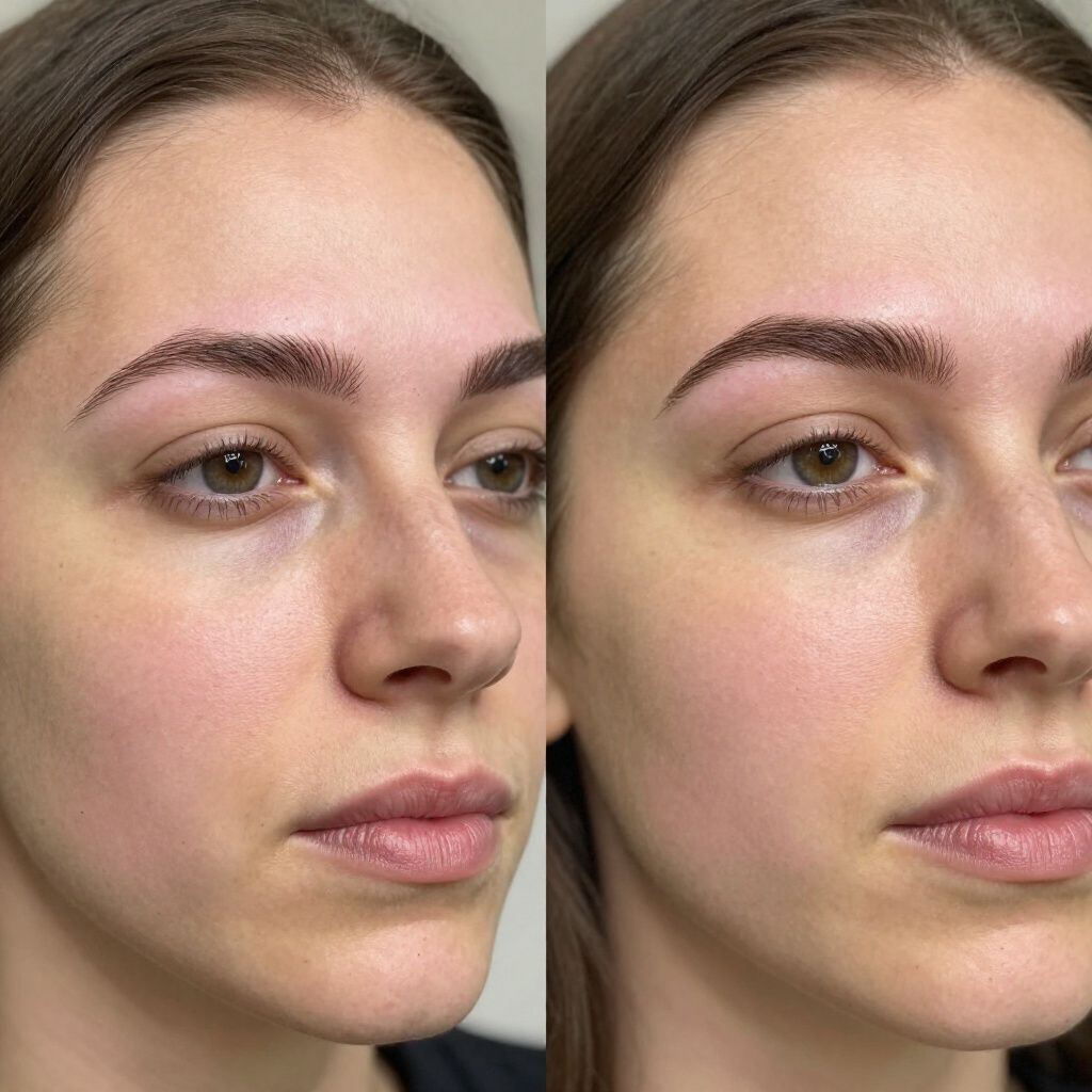 Two images of a person's face side-by-side, showing their eyebrows before and after a cosmetic procedure.